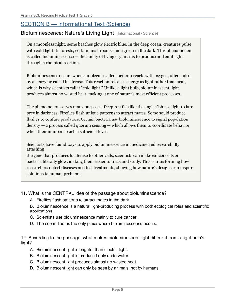 Bioluminescence science passage on luciferin, fireflies and anglerfish, with central idea and detail questions 11-12