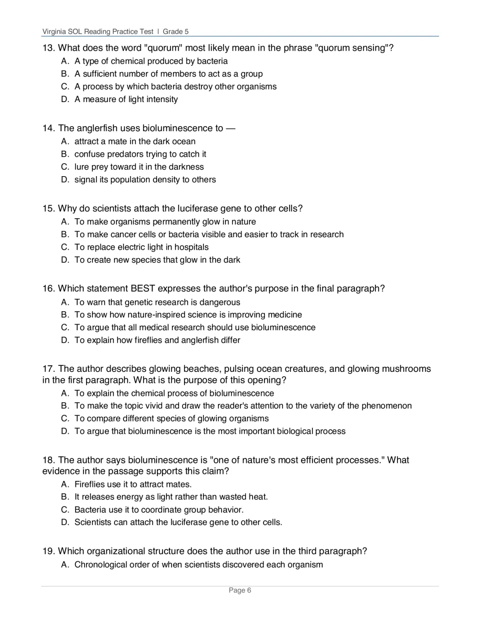 Bioluminescence questions 13-19: students define quorum, find supporting evidence, and identify author purpose and structure