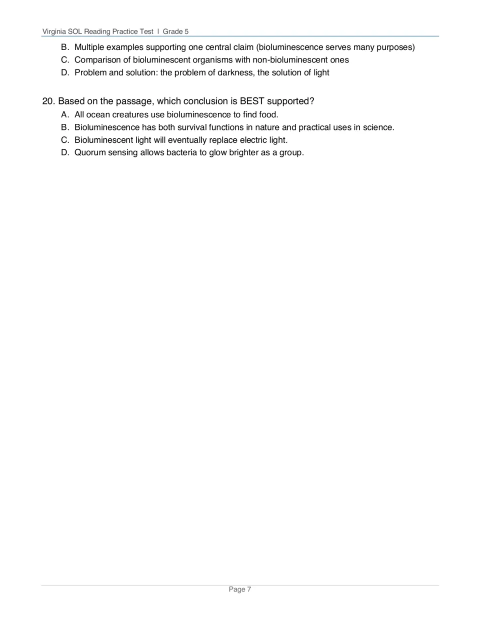 Bioluminescence questions 19-20: students identify the third paragraph's structure and choose the best-supported conclusion