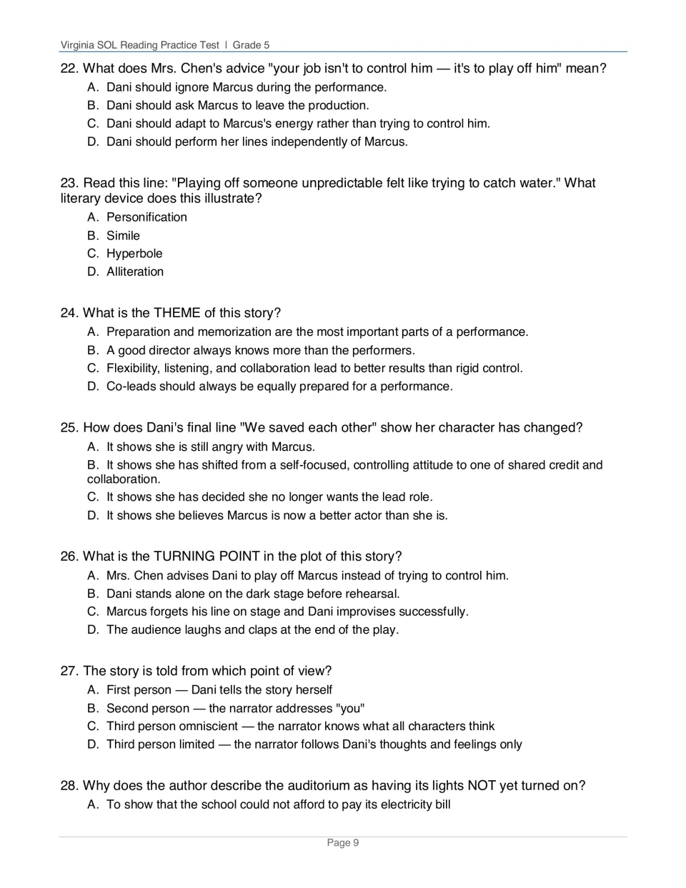 Story questions 22-28: students identify a simile, the theme, turning point, point of view and how Dani changes