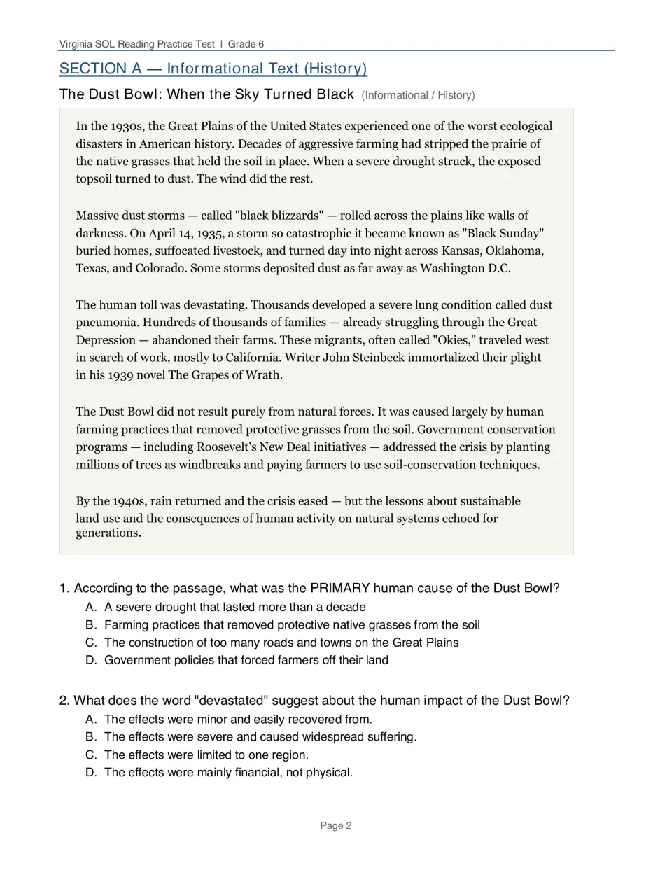 Dust Bowl history passage: students read about black blizzards and Black Sunday, then answer questions 1-2 on causes