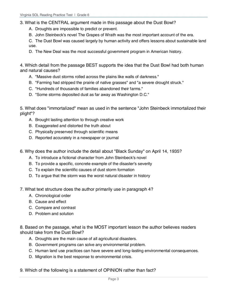 Dust Bowl questions 3-9: central argument, word meaning, author's purpose, text structure and fact vs. opinion