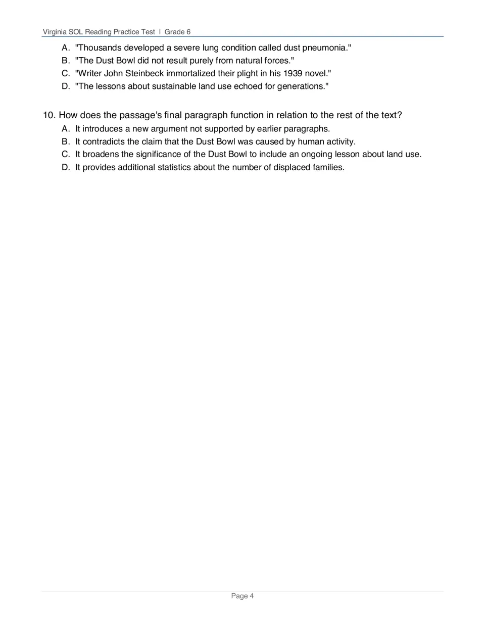 Dust Bowl questions 9-10 end Section A: students pick the opinion statement and tell what the last paragraph does