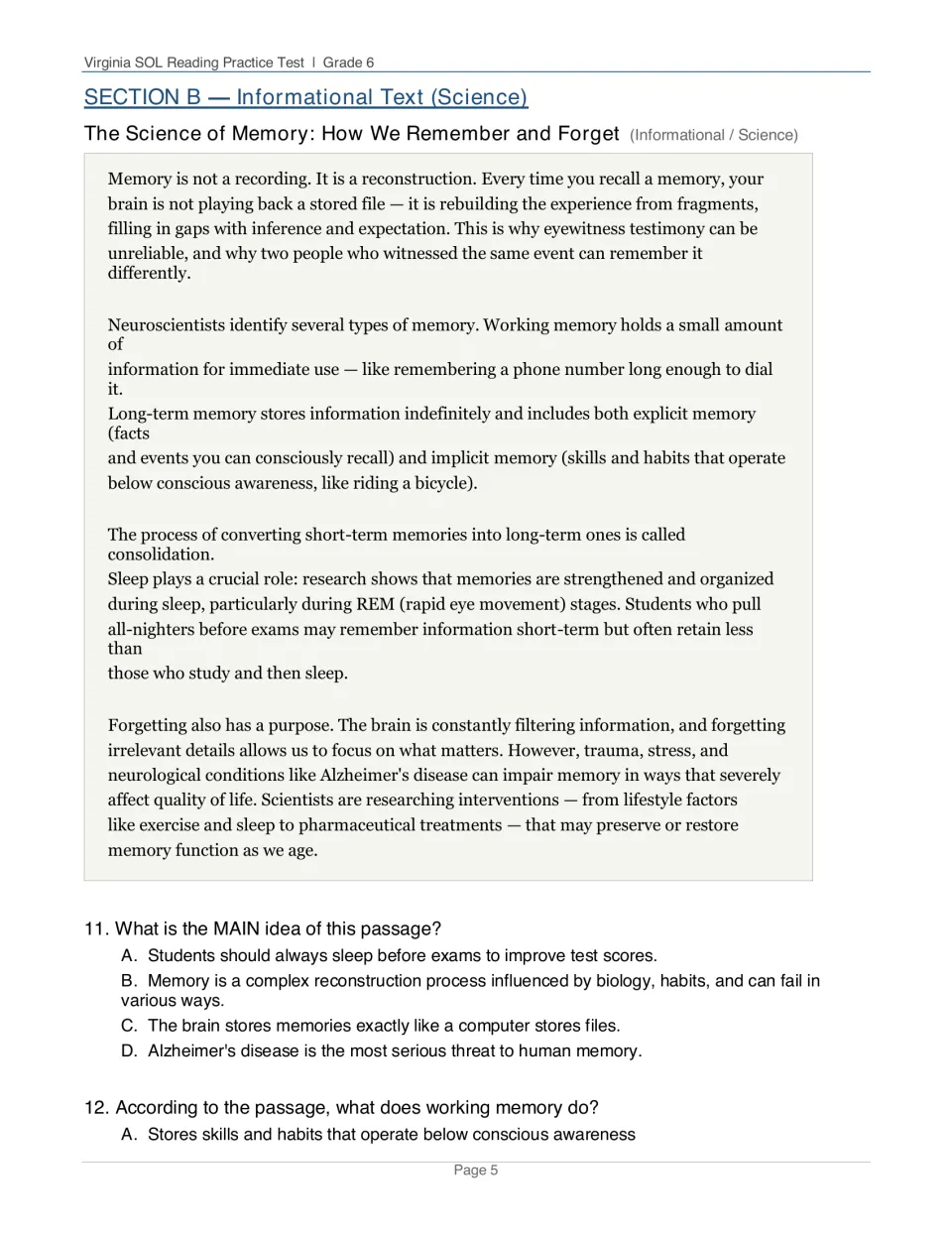 Science of Memory passage: students read about memory types, sleep and forgetting, then answer questions 11-12