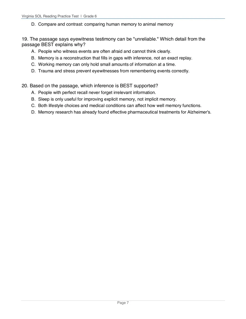 Memory questions 19-20 end Section B: students find why eyewitness memory is unreliable and pick the best inference