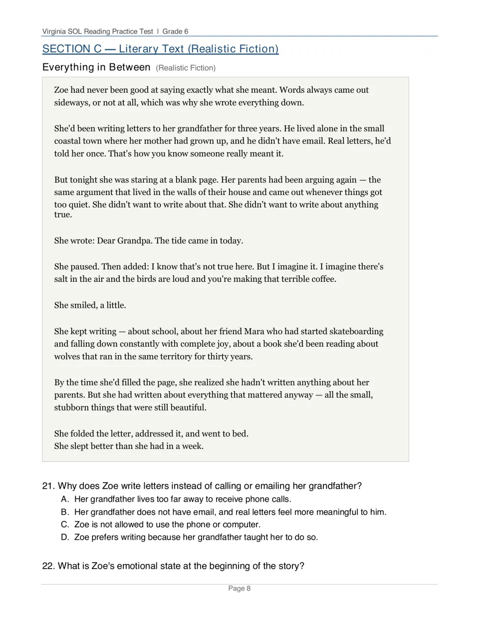 Realistic fiction, Everything in Between: Zoe writes to her grandfather; students answer questions 21-22 on character