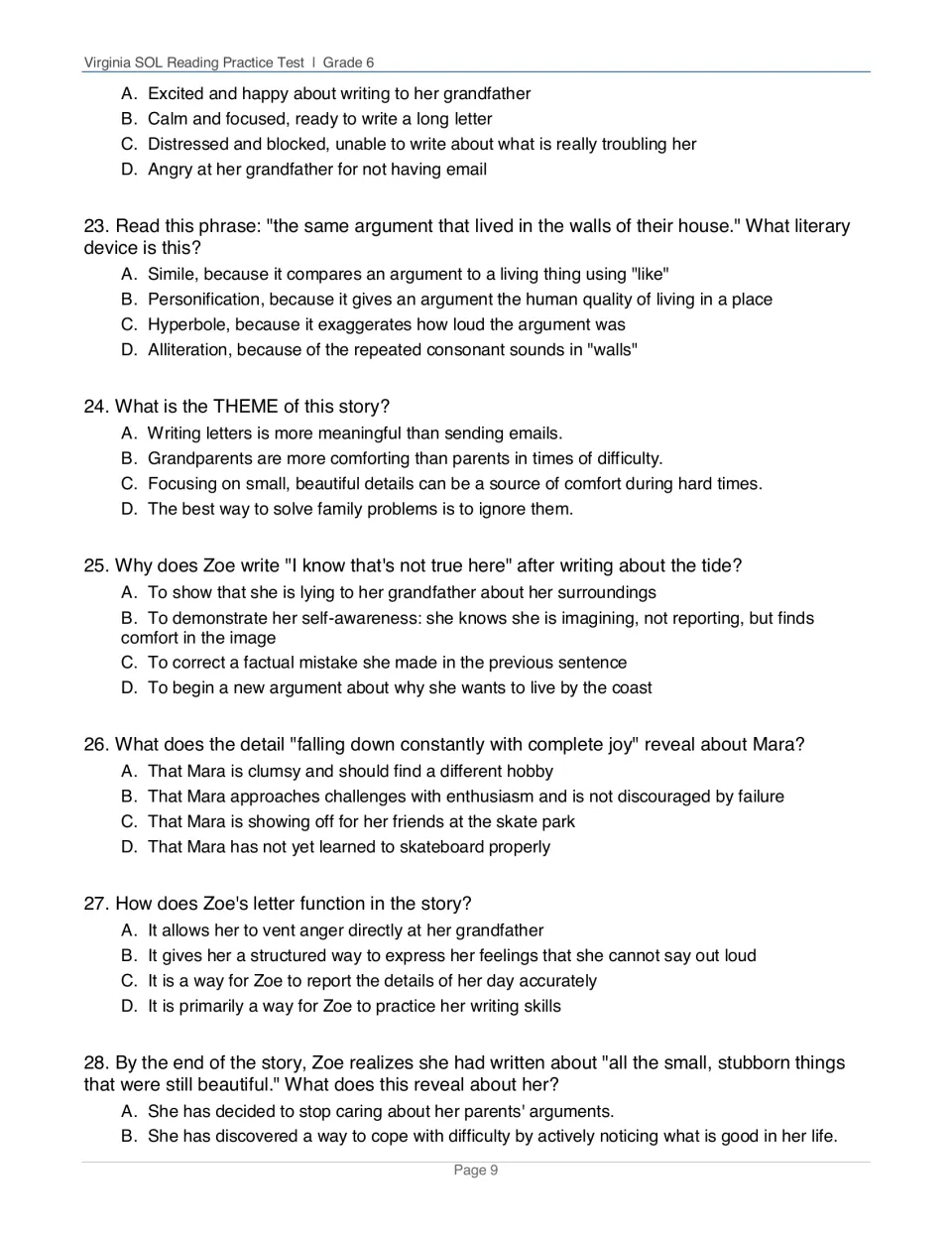 Zoe story questions 22-28: students identify mood, personification, theme and what details reveal about Zoe and Mara