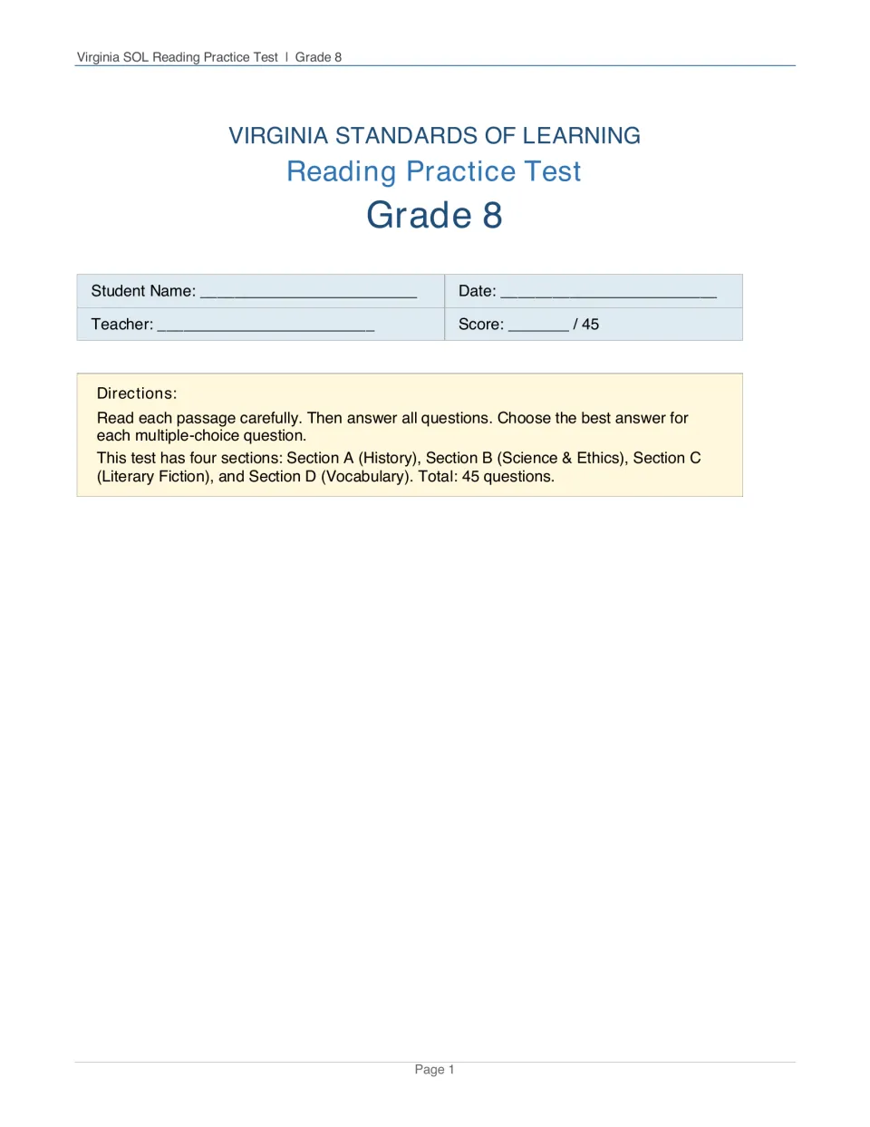 Test directions with name, date and score out of 45; lists history, science and ethics, fiction and vocabulary sections