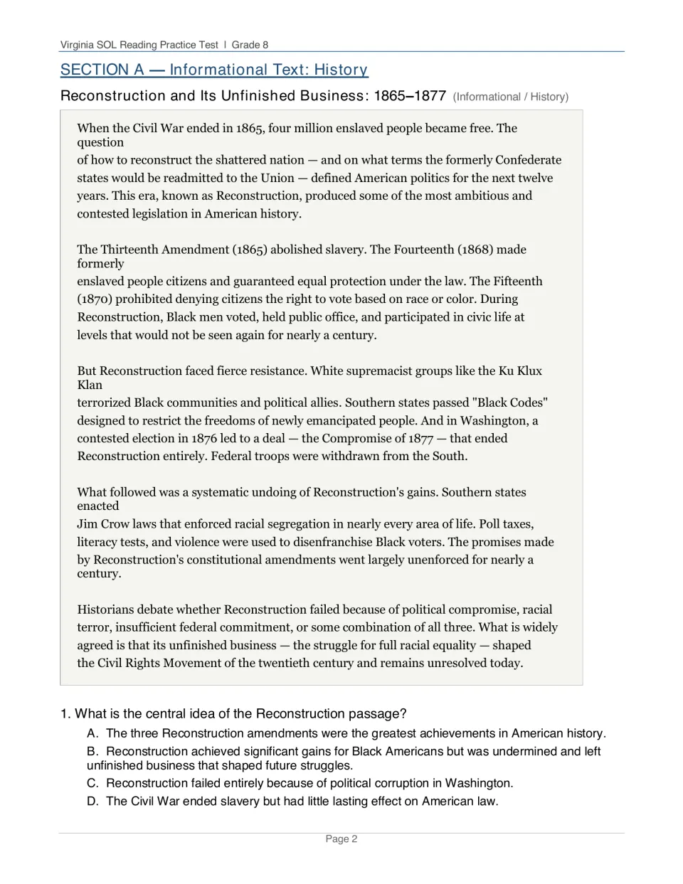 Reconstruction 1865–1877 history passage: students read about the three amendments and Jim Crow, then find the central idea