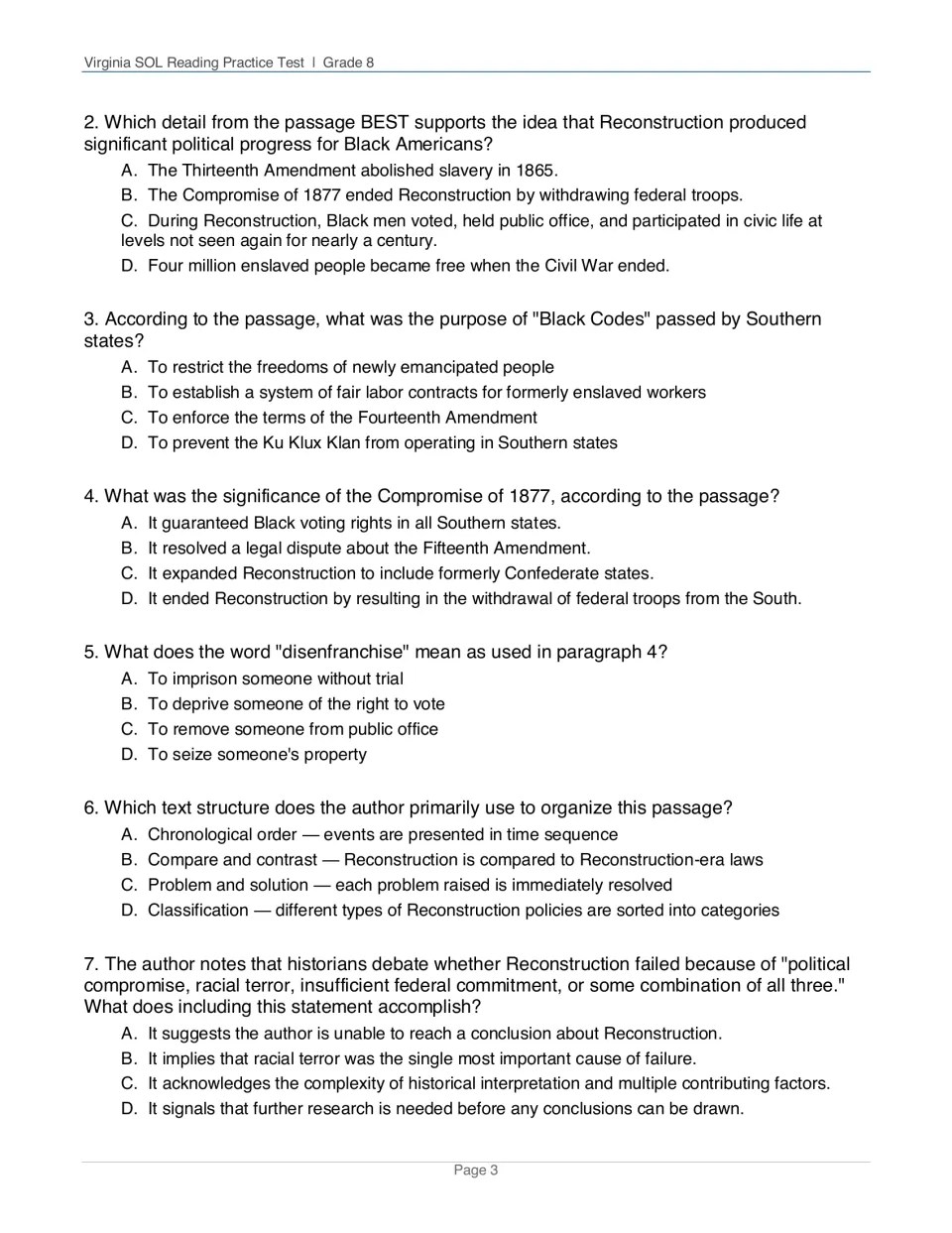 Reconstruction questions 2–7: supporting details, Black Codes, the Compromise of 1877, disenfranchise and text structure