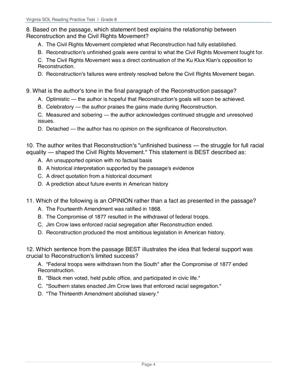 Reconstruction questions 8–12: tie to the Civil Rights Movement, author's tone, fact versus opinion and text evidence