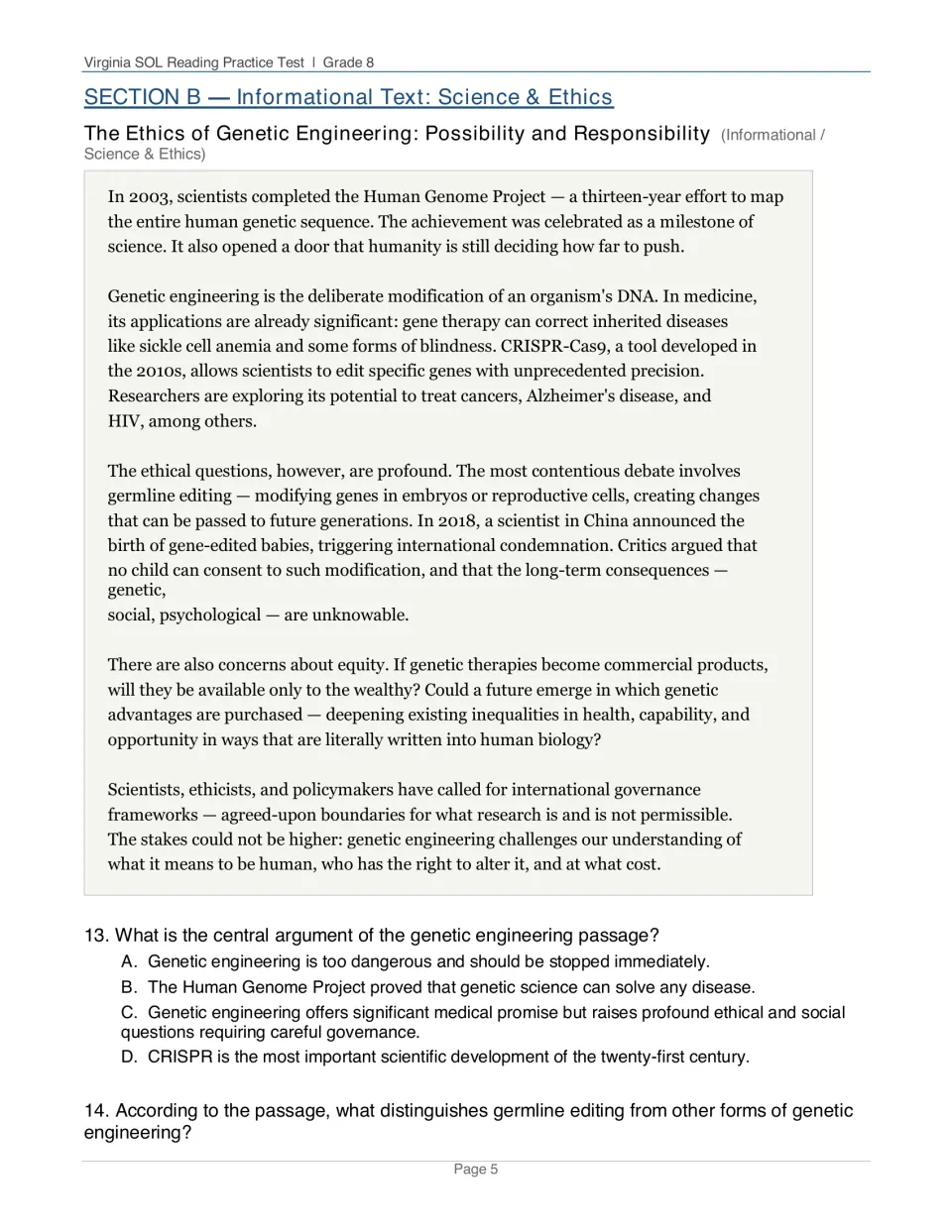 Genetic engineering ethics passage on CRISPR, germline editing and equity; students identify the central argument