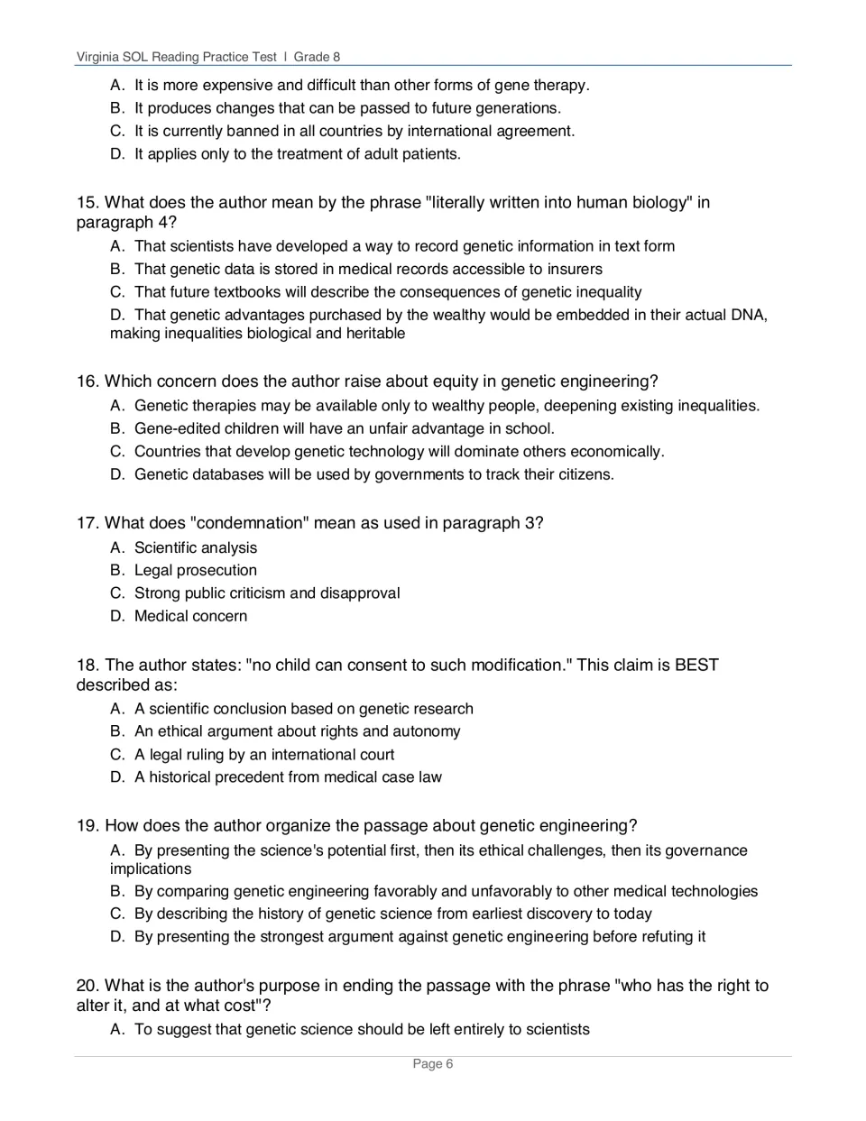 Genetic engineering questions 14–20: germline editing, figurative phrases, equity, word meaning and passage organization