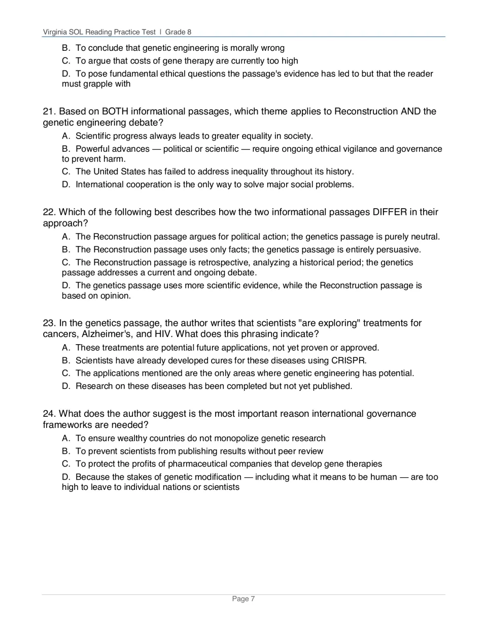 Questions 21–24: shared theme and differences between the two passages, then genetics phrasing and governance