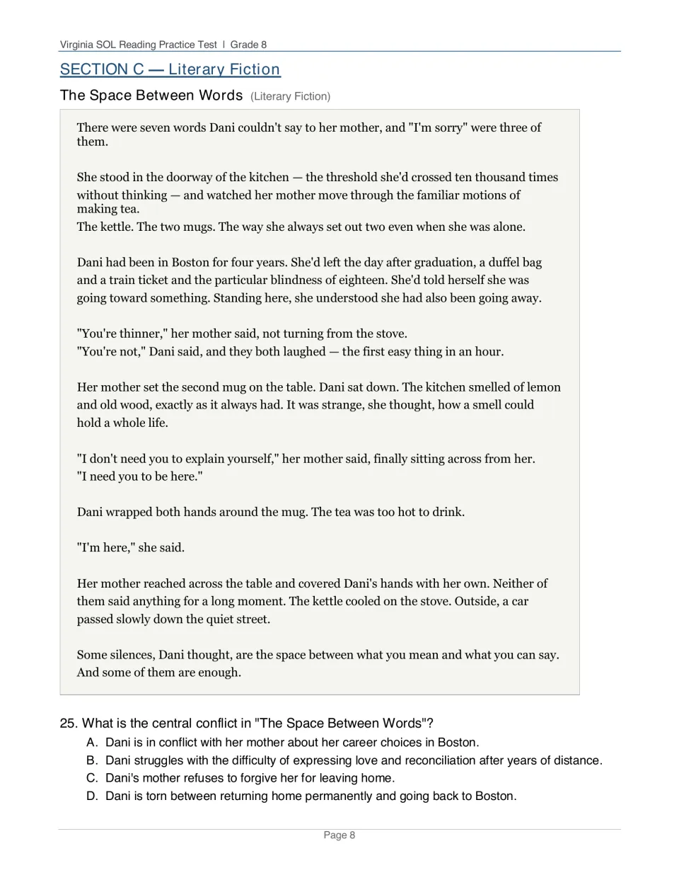 Literary fiction story The Space Between Words about Dani returning home to her mother; students name the central conflict