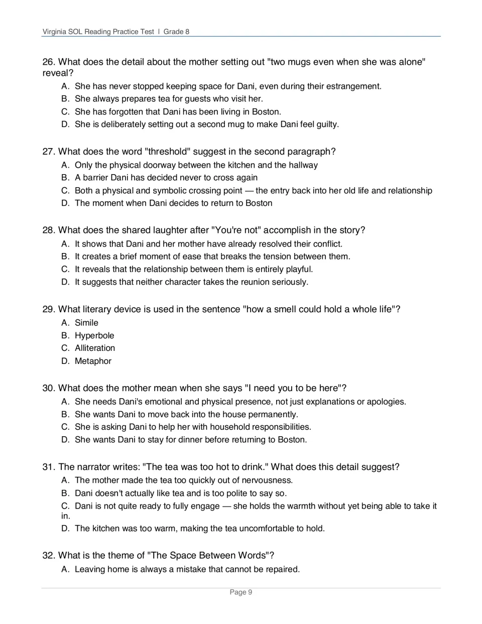 Story questions 26–32 on The Space Between Words: character details, symbolism, literary device, dialogue meaning and theme