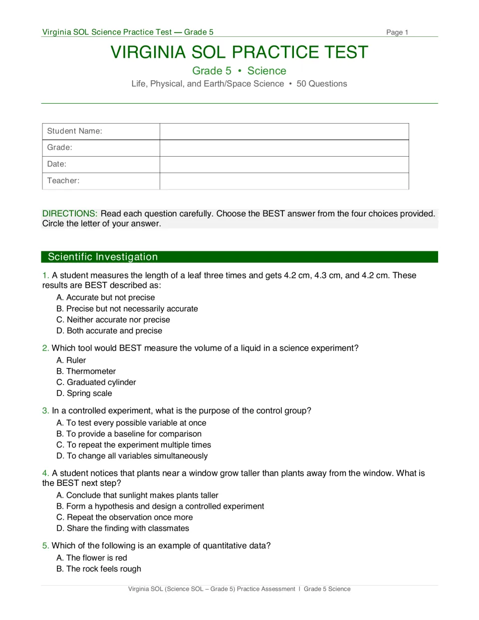 Scientific investigation questions 1-5: students circle answers on precision, measuring tools, control groups and data