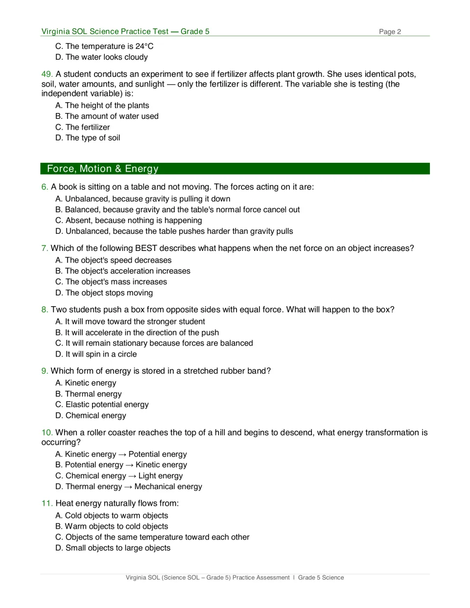 Force, motion and energy questions 6-11: students choose answers on balanced forces, stored energy and heat flow