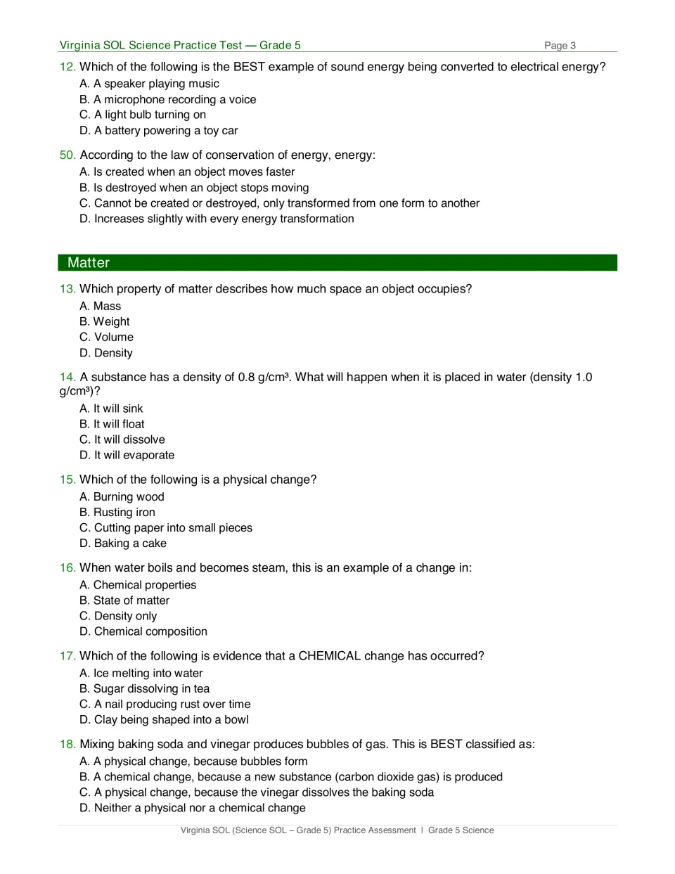 Matter questions 13-18: students pick answers on volume, density and floating, and physical versus chemical changes