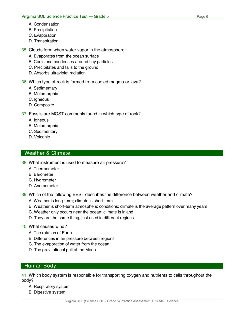 Rocks, weather and climate questions 34-41: students answer items on evaporation, rock types, fossils, barometers and wind