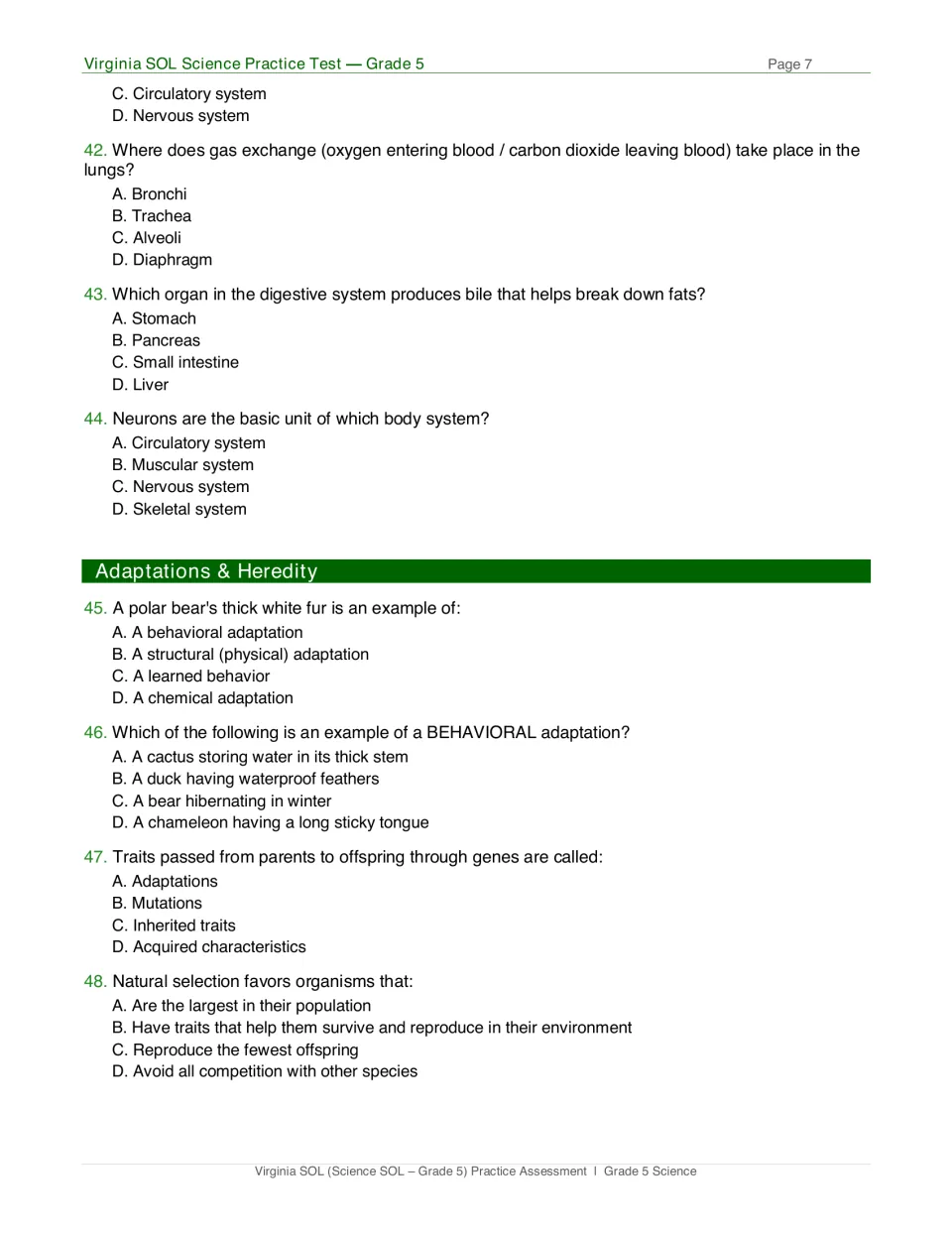 Human body and adaptations questions 42-48: students choose answers on lungs, bile, neurons and inherited traits
