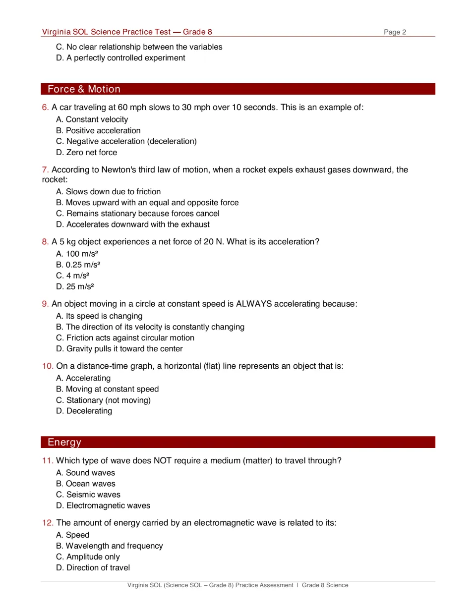 Force and motion and energy: multiple-choice questions 6-12 on acceleration, Newton's third law and electromagnetic waves