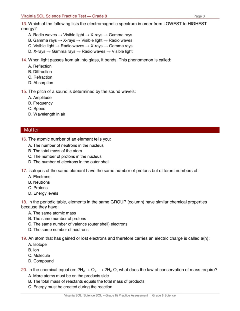 Waves and matter: multiple-choice questions 13-20 on the electromagnetic spectrum, refraction, isotopes, ions and mass