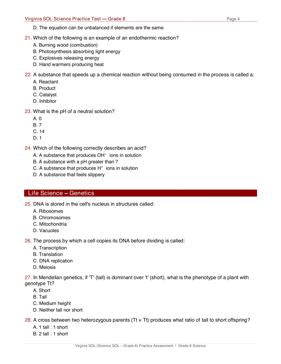 Chemical reactions and genetics: students answer questions 21-28 on catalysts, pH, acids, DNA replication and Tt crosses