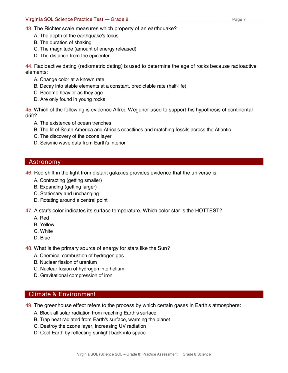 Earth science and astronomy: questions 43-49 on earthquakes, radiometric dating, red shift, star color and greenhouse gases