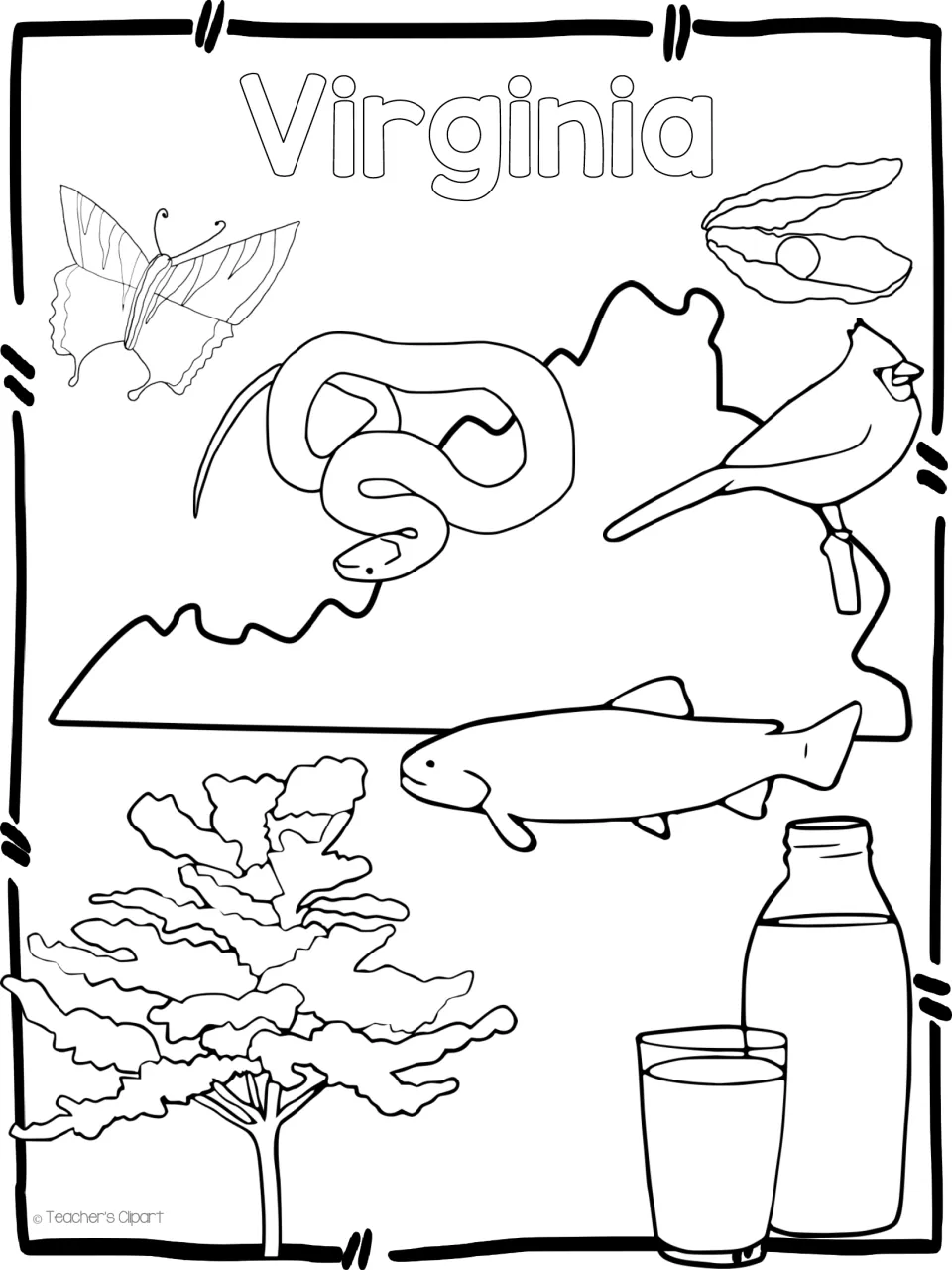 Virginia coloring page: students color the state outline, a cardinal, snake, fish, oyster, butterfly, tree and milk