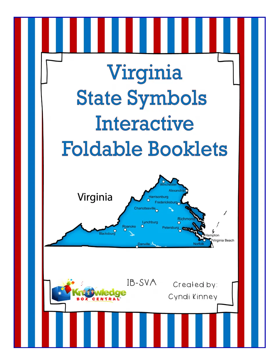 Cover for Virginia state symbols foldable booklets, showing a blue state map marking Richmond, Norfolk, Roanoke and more
