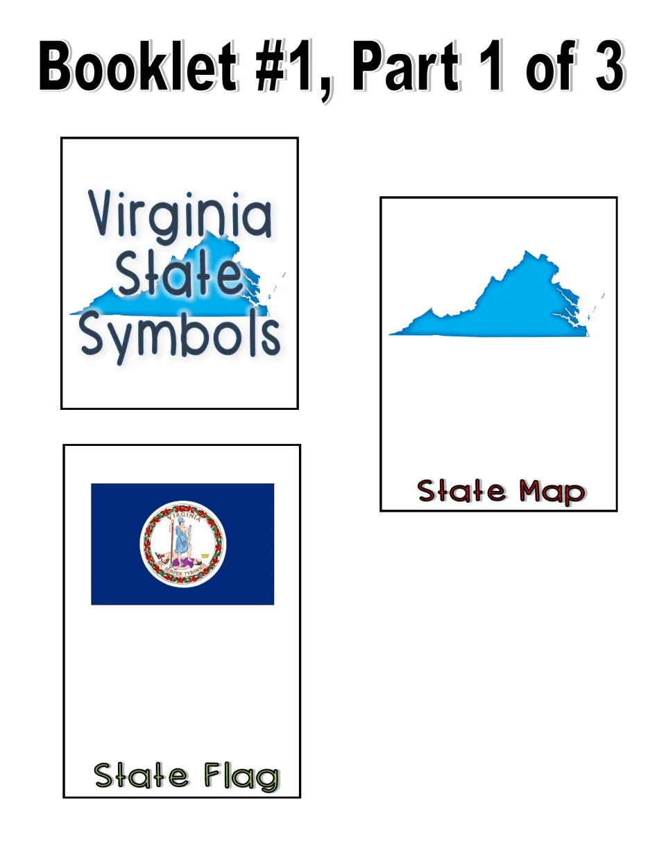 Color booklet cut-out pieces, part 1 of 3: a title page, a blue state map page and a state flag page showing the state seal