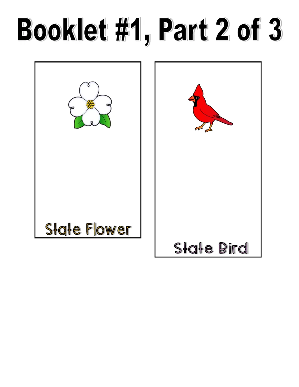 Color booklet cut-out pieces, part 2 of 3: a dogwood blossom on the state flower page and a red cardinal on the bird page