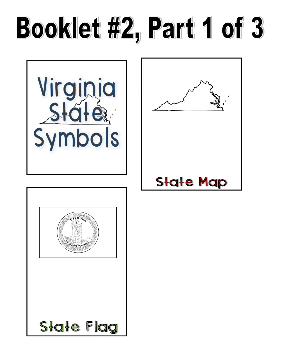 Black and white booklet cut-out pieces, part 1 of 3: a title page, a state outline map page and a flag page with the seal