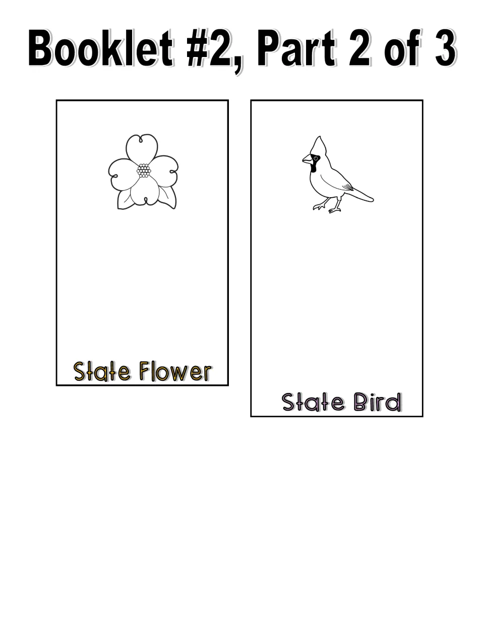 Black and white booklet cut-out pieces, part 2 of 3: line-art dogwood and cardinal on the flower and bird pages to color