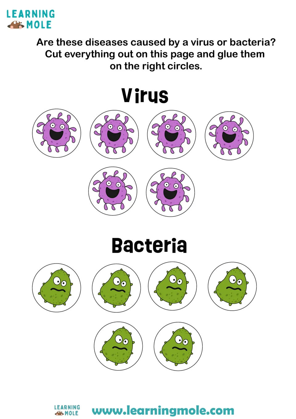 Cutouts for the disease sorting sheet: six virus pictures and six bacteria pictures to cut out and glue