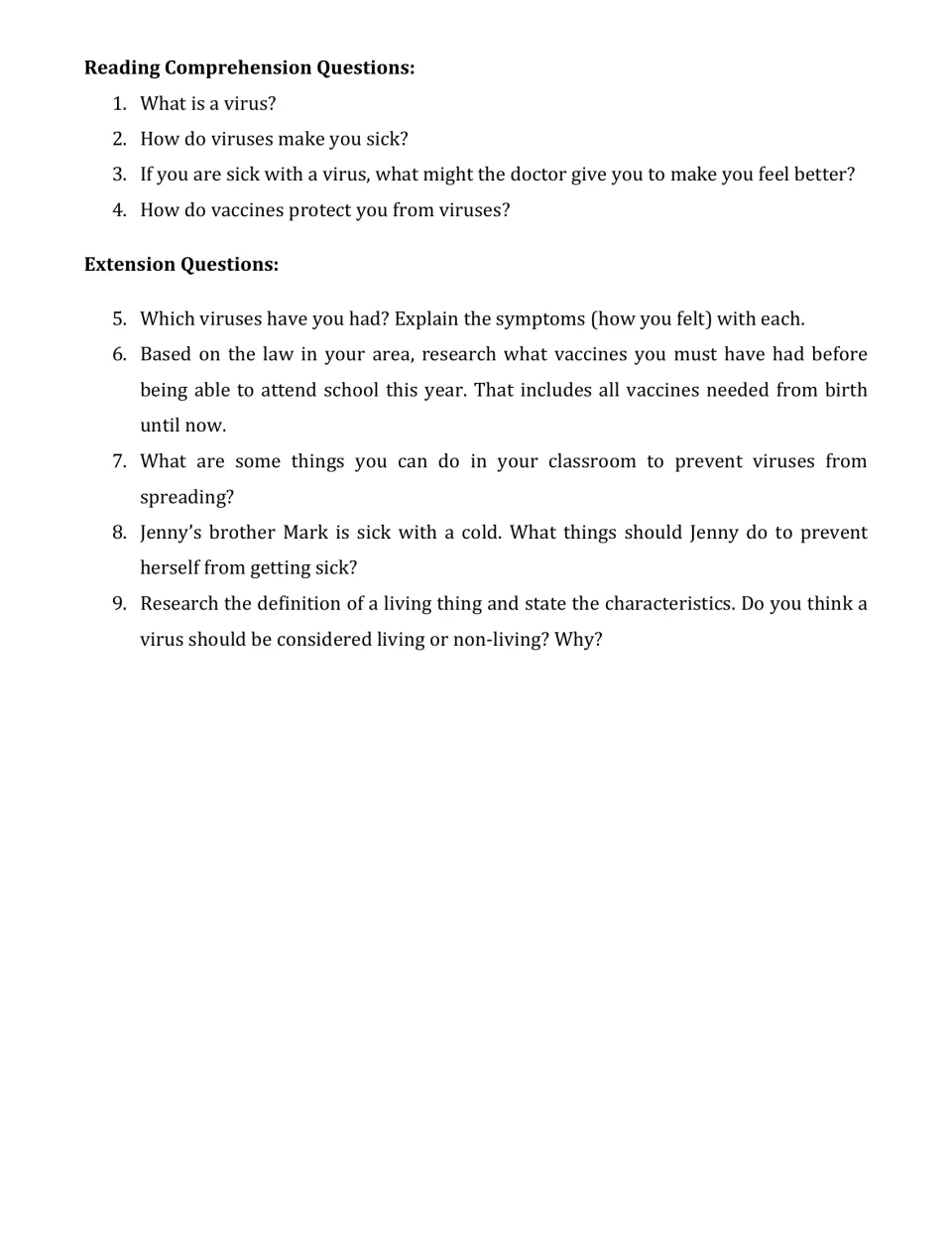Virus comprehension: students answer 4 questions and 5 extension tasks on symptoms, vaccines and living vs non-living