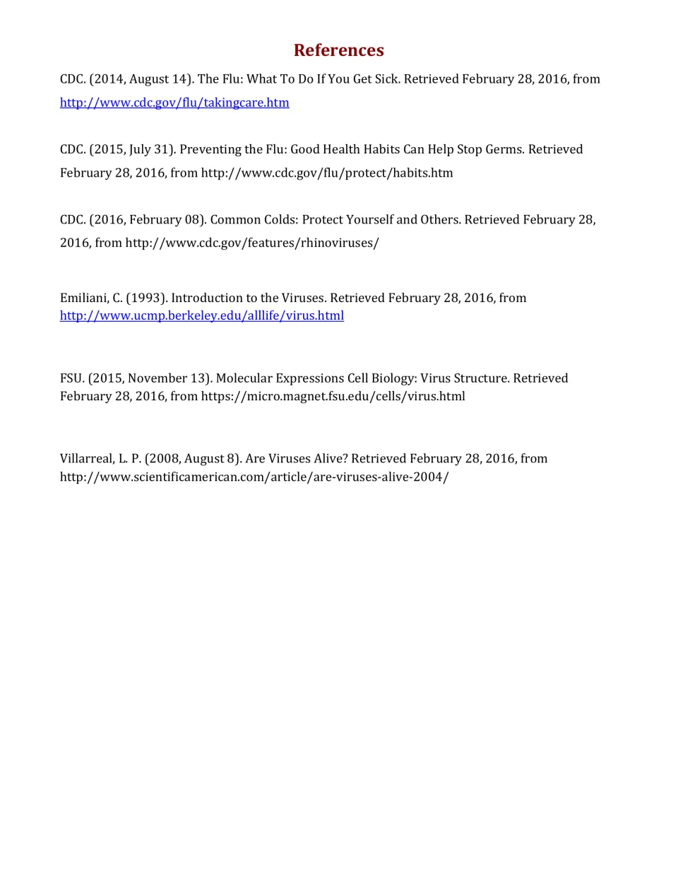 References list citing six sources on viruses, flu and the common cold from CDC, Berkeley, FSU and Scientific American