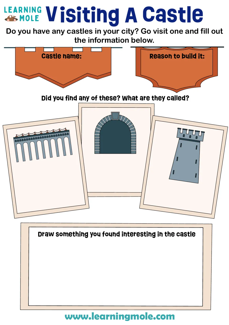 Castle visit record: students note the castle's name and why it was built, name an arched wall, gateway and tower, then draw