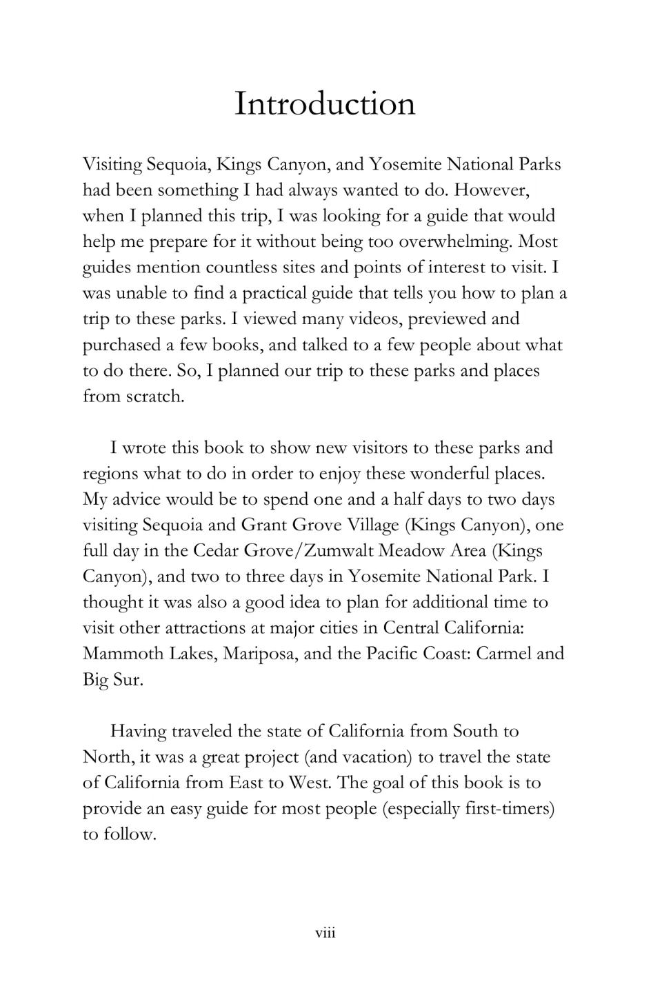 Travel-guide introduction explaining the author's trip planning and suggested time in three national parks