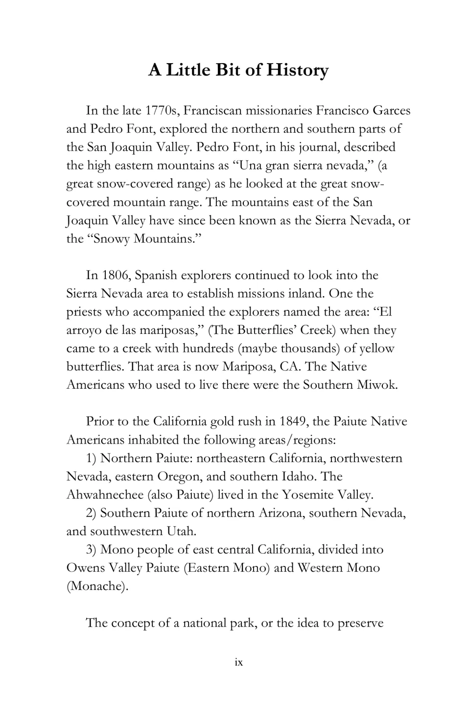 Travel-guide history section discussing Sierra Nevada and Mariposa names, Native peoples, and exploration