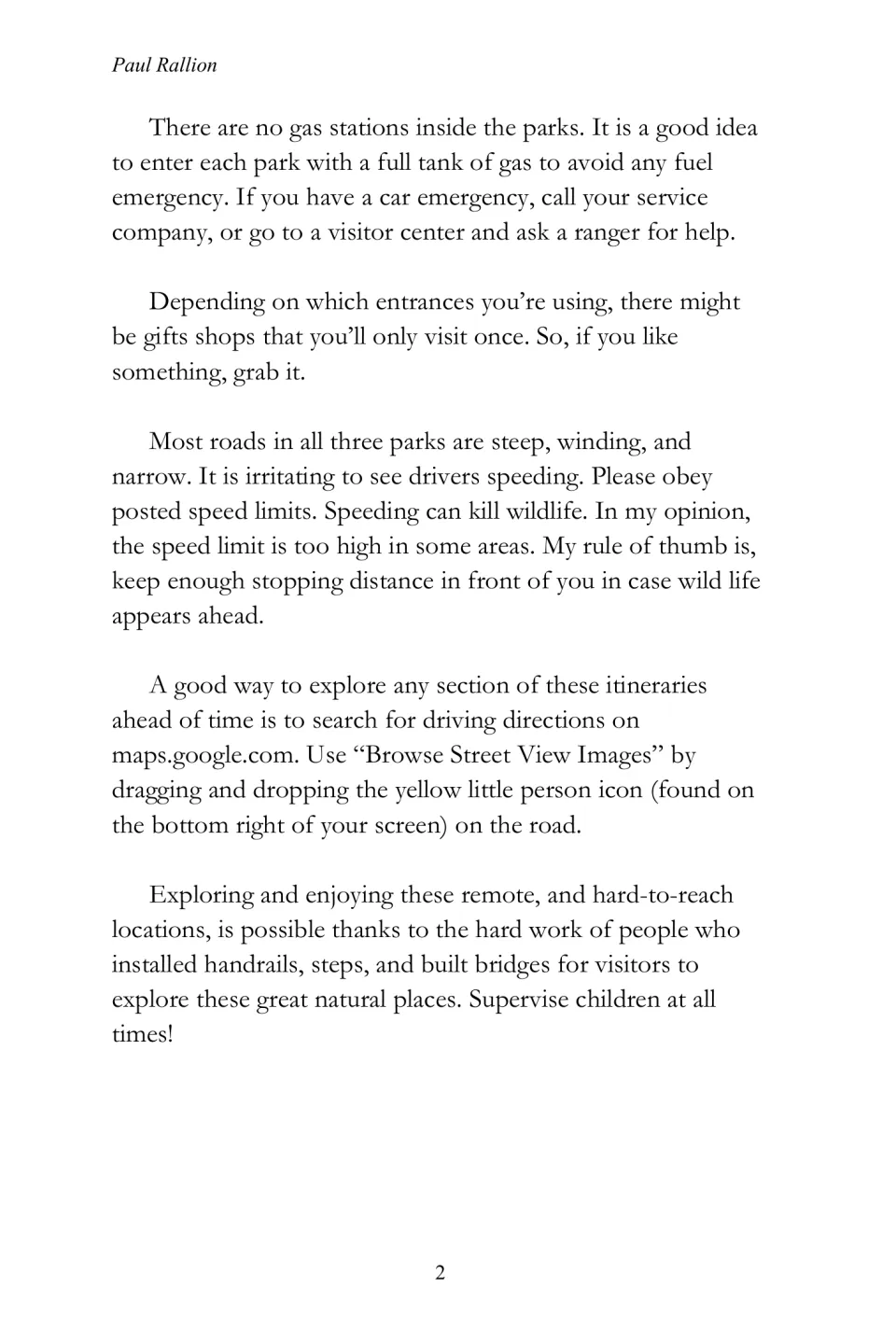 Travel-guide advice on fuel planning, mountain driving, wildlife, route previews, and supervising children