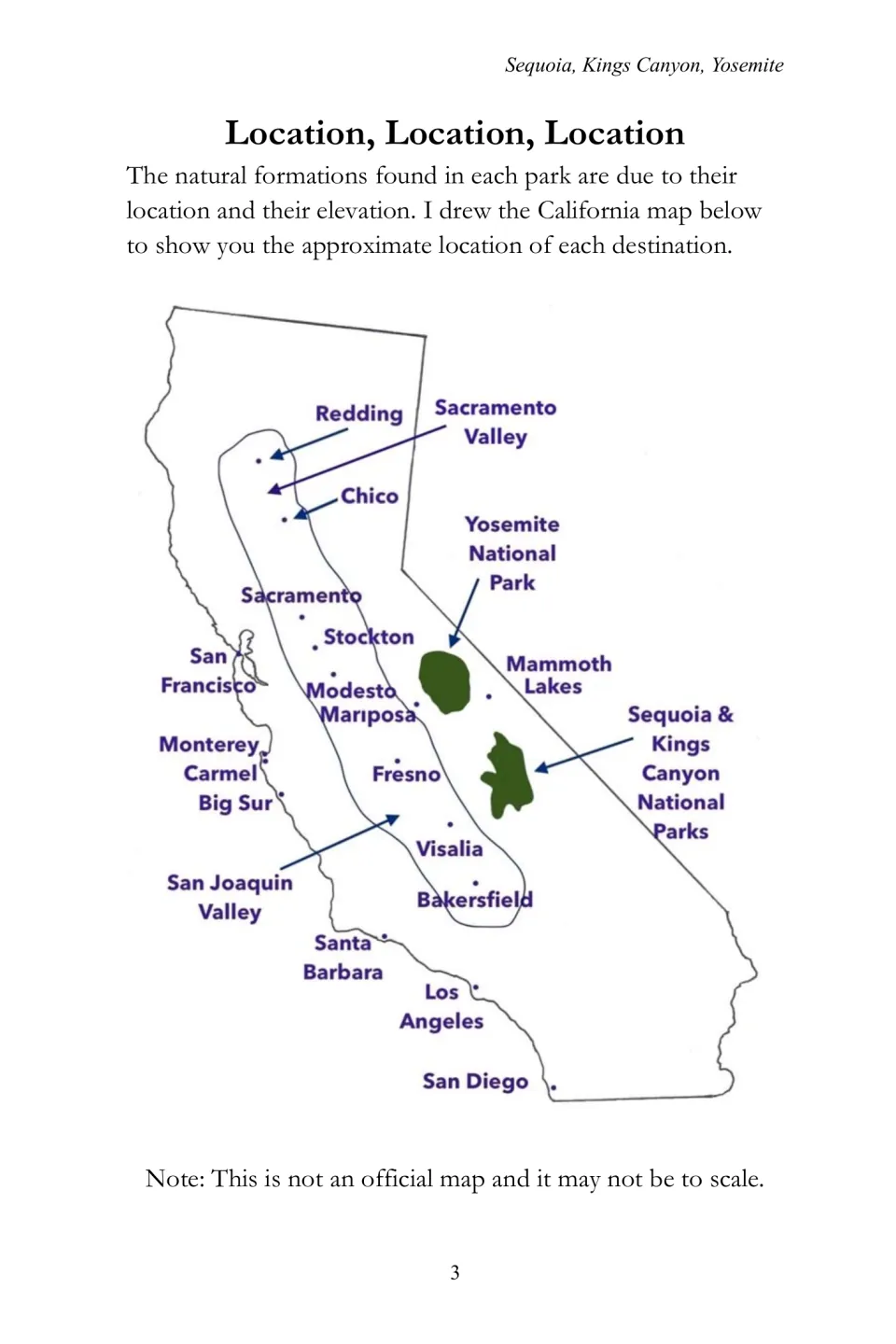 Travel-guide California map locating Yosemite, Sequoia, Kings Canyon, Mammoth Lakes, and coastal destinations