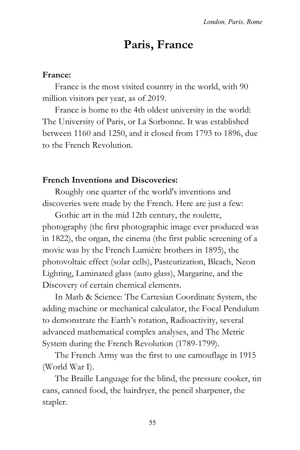 Opening France section of the travel eBook introduces tourism, the Sorbonne, and French inventions