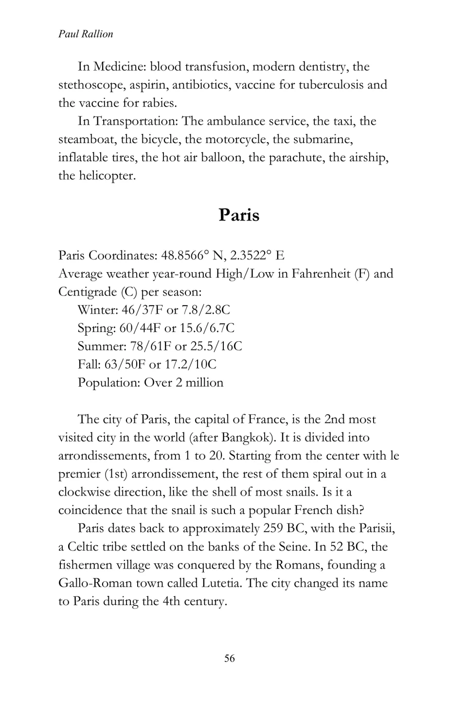 Paris introduction in the travel eBook gives coordinates, seasonal temperatures, population, and history