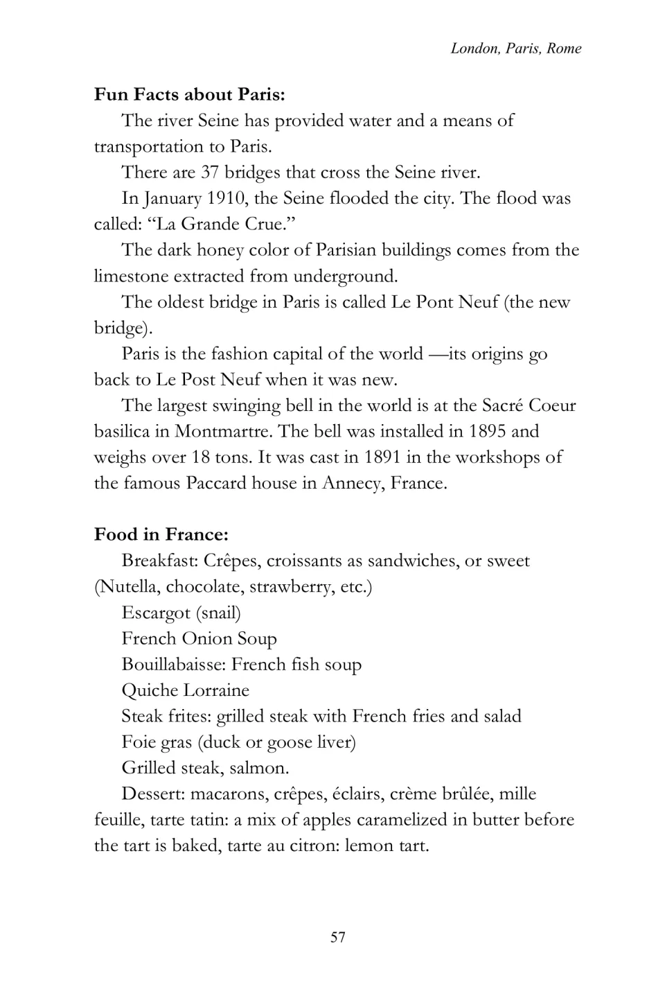 Paris facts and French food section covers the Seine, Pont Neuf, a basilica bell, meals, and desserts