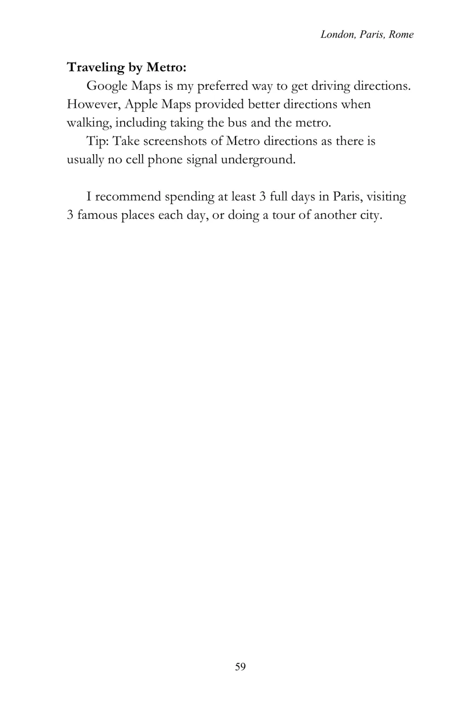Paris Metro advice in the travel eBook covers map apps, direction screenshots, and a three-day visit