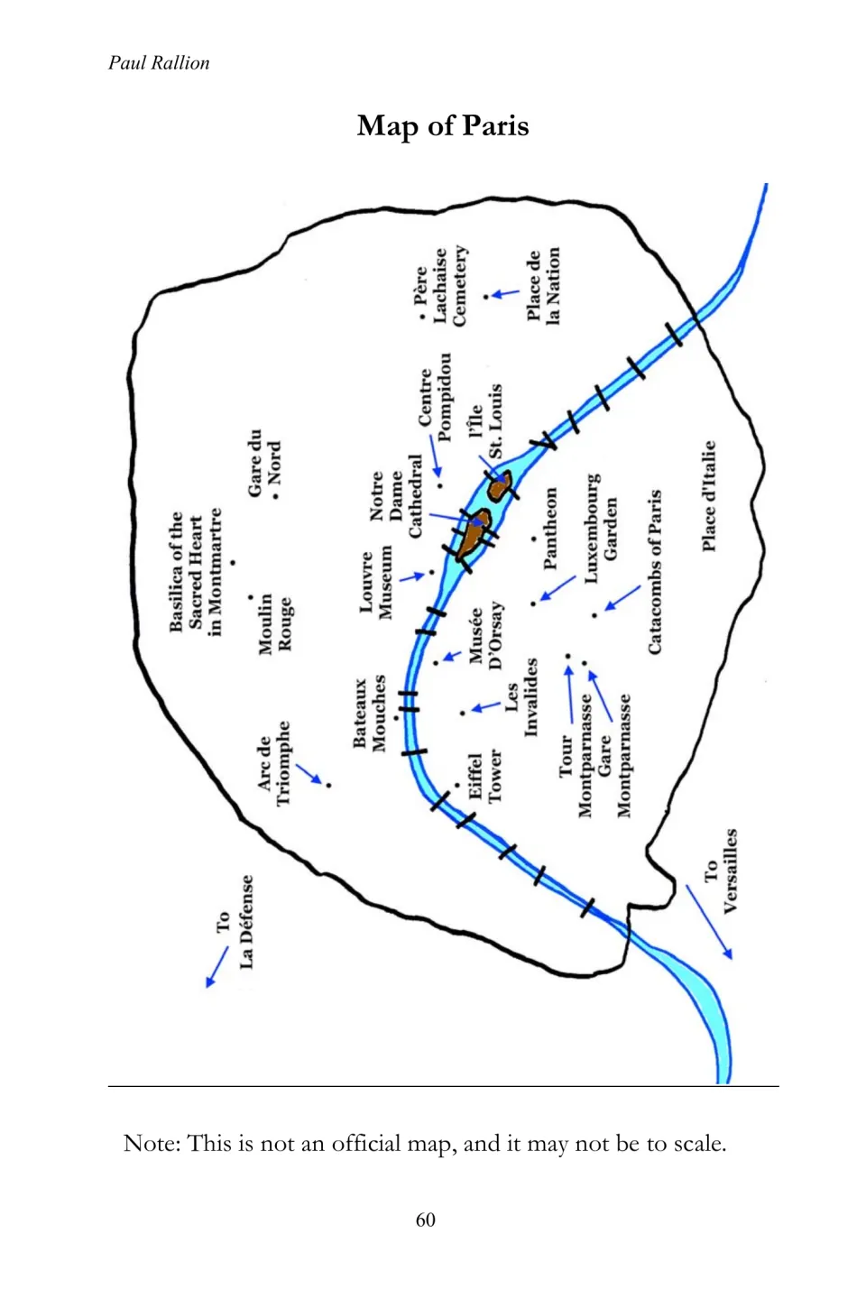 Travel eBook map of Paris marks the Seine, Eiffel Tower, Louvre, Notre Dame, and other city landmarks