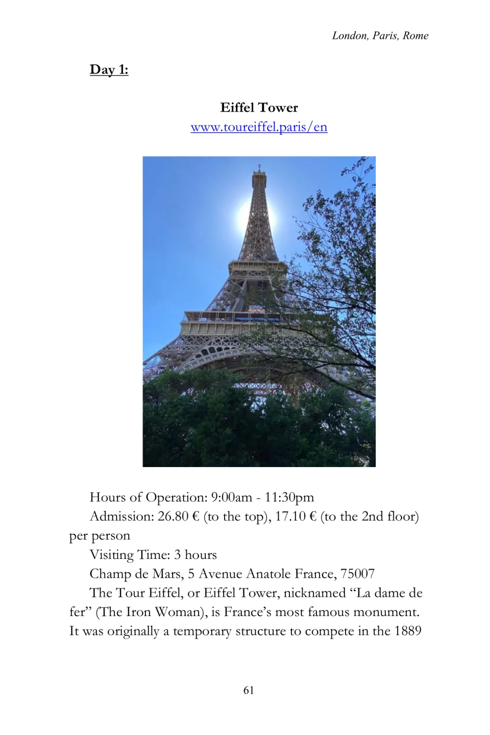 Day 1 Eiffel Tower entry includes a photograph, admission prices, hours, address, and historical notes