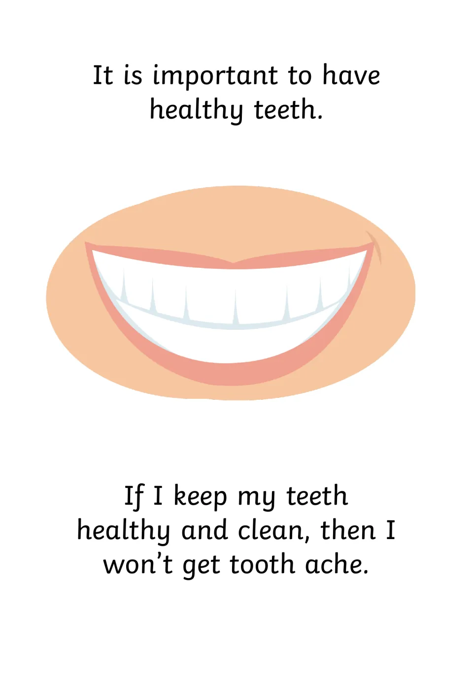 Social story page 2 introduces healthy teeth and connects keeping teeth clean with avoiding a toothache